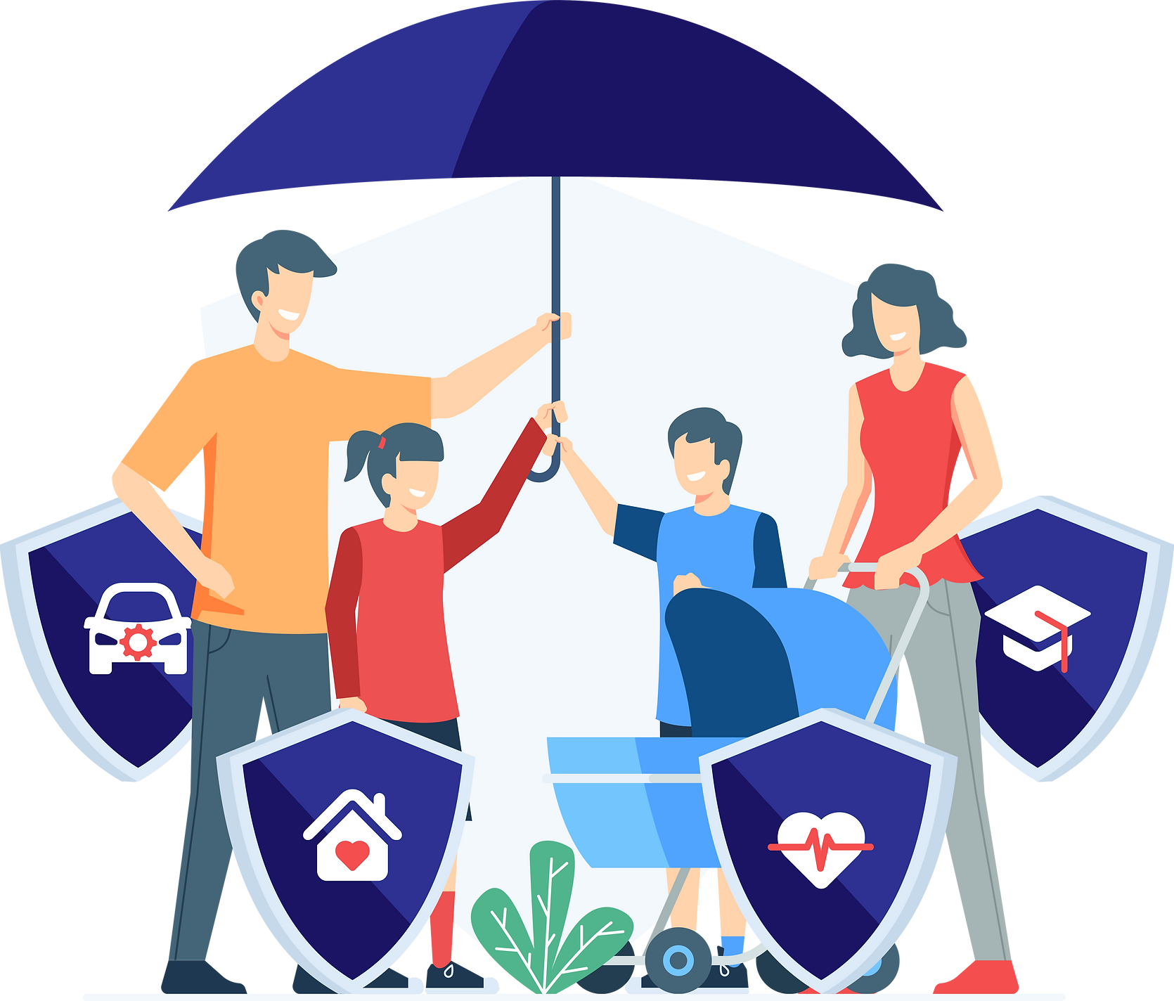 Vector graphic of a family under an umbrella displaying insurance icons for home, life, auto, and umbrella insurance
